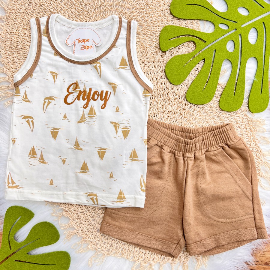 Conj. Regata em Linho Enjoy e Bermuda em Moletinho - Ferrugem e Areia